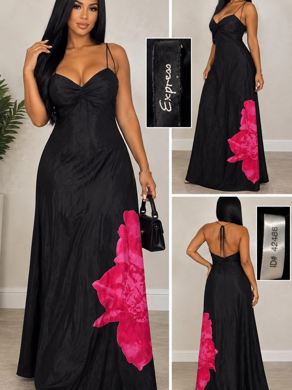 Express Black Maxi Dress with Pink Floral Hem